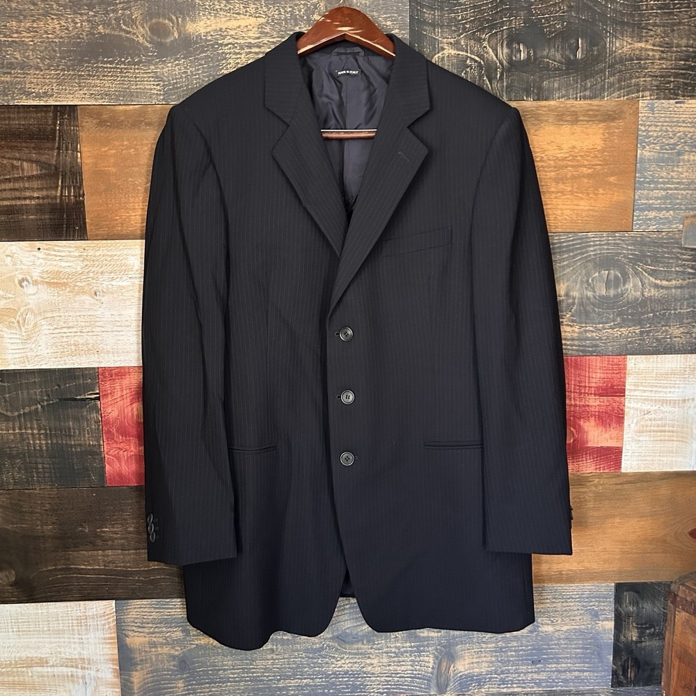 Giorgio Armani Borgo 21 Wool Suit Blazer Sport Coat 56L 46L Black Pinstripe